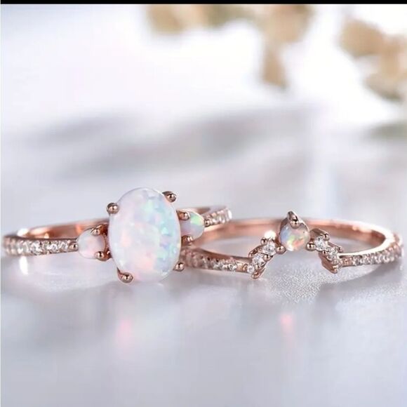 Stackable Opal wedding ring set sz 8 - Picture 3 of 5
